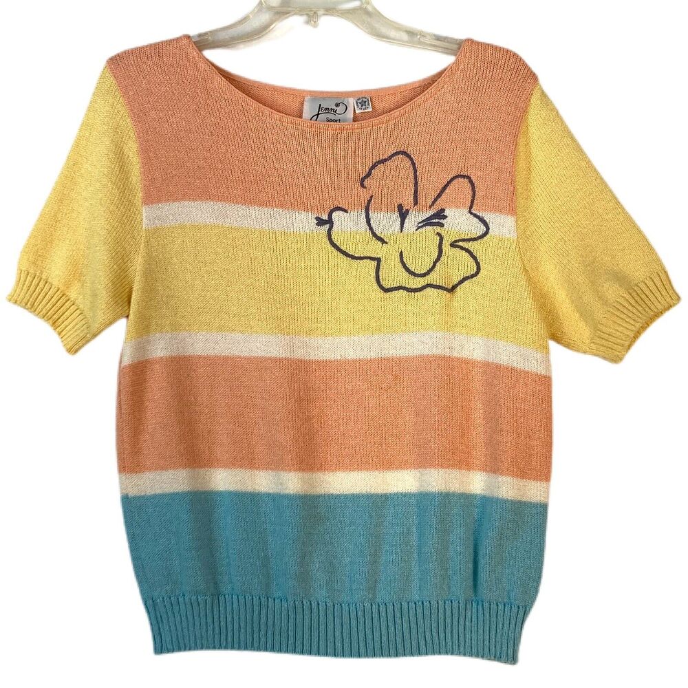 Vintage Pastel Stripe Knit Sweater Floral Embroidery M Coastal Grandmother